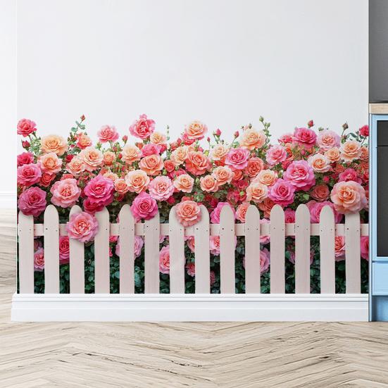 Fence Rose Bush Wall Sticker Removable Waterproof PVC Red Flower Pattern Sticker Home Office Living Room Bedroom Wall Decoration Decal