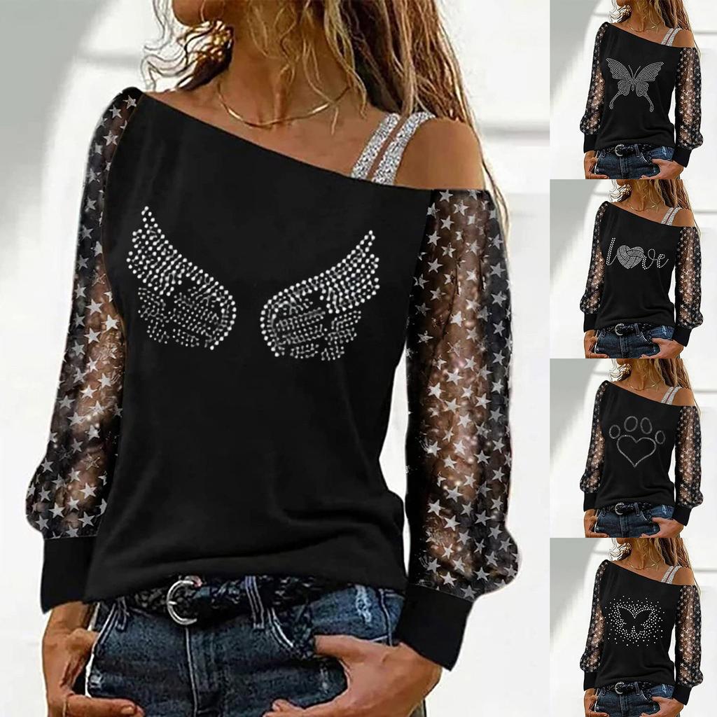 Fashion Women Sexy Mesh Stitching Leaky Shoulder Top Casual Loose Pullover Long Sleeve Tops