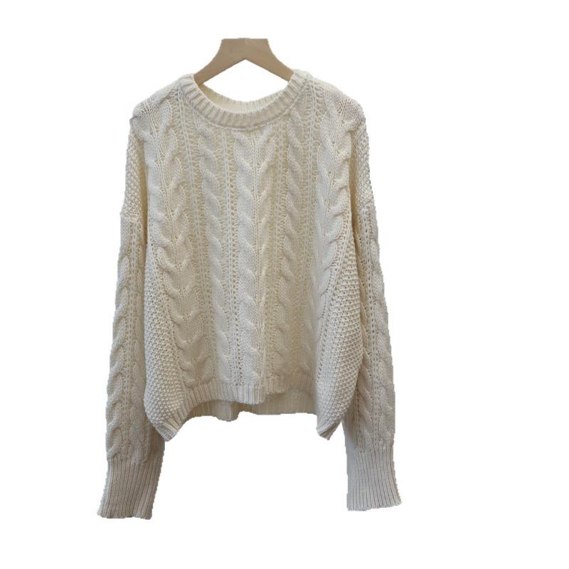Autumn and winter new retro twist knitted sweater top loose round neck lazy wind sweater pullover woman