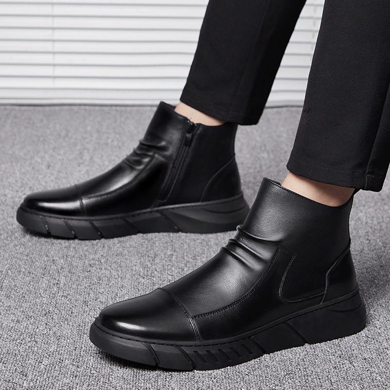 Martin boots winter men's leather shoes leather high-top boots velvet warm British cotton shoes casual leather boots men