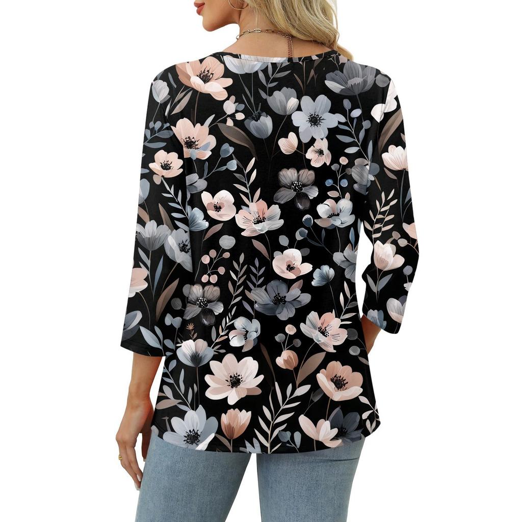 Women's Print Top Button-down V-neck T-shirt 3/4 Sleeve Loose Fashion Top
