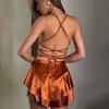 Women Sexy Backless Satin Dress 2026 Cowl Neck Tie Ruffle Layer Spaghetti Strap Beach Mini Dress Sleeveless Lace Up Short Romper Dress