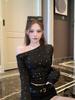 Women's Autumn Cold Shoulder Rhinestone T-shirt with Unique Ruching