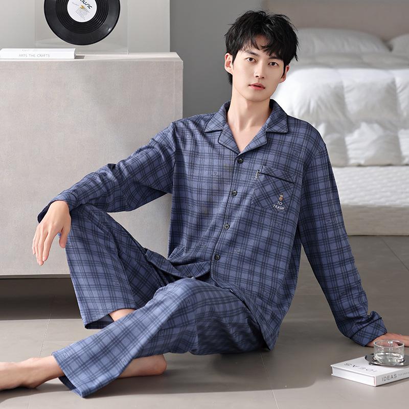 Men'S Pajamas Men'S Spring And Autumn Models, Pure Cotton Long-Sleeved Men'S Autumn Cotton Loungewear Set