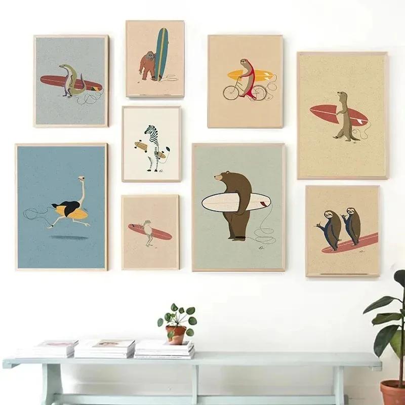 Funny Surfing Animal Retro Posters Canvas Painting Sloth Bear Panda Wall Art Picture for Modern Child Room Home Decor Art Gift