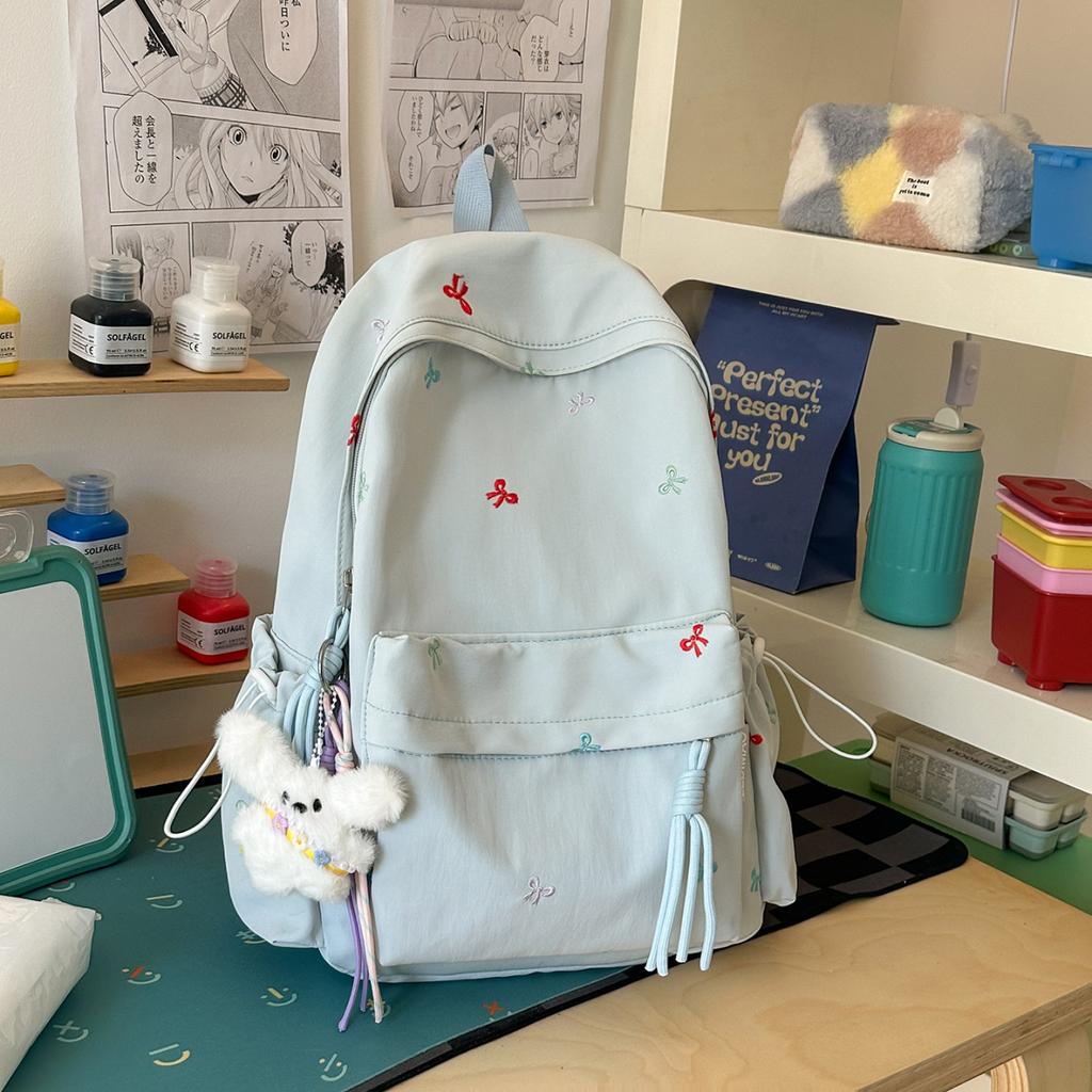Schoolbag Bow Embroidery Student Bag Casual Lightweight Schoolbag Fresh Girl Campus Commuter Backpack Macaron Color Scheme