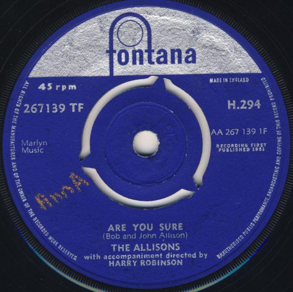 

7inch Record ALLISONS - Are You Sure 267139 Fontana 1961 UK Rock Used