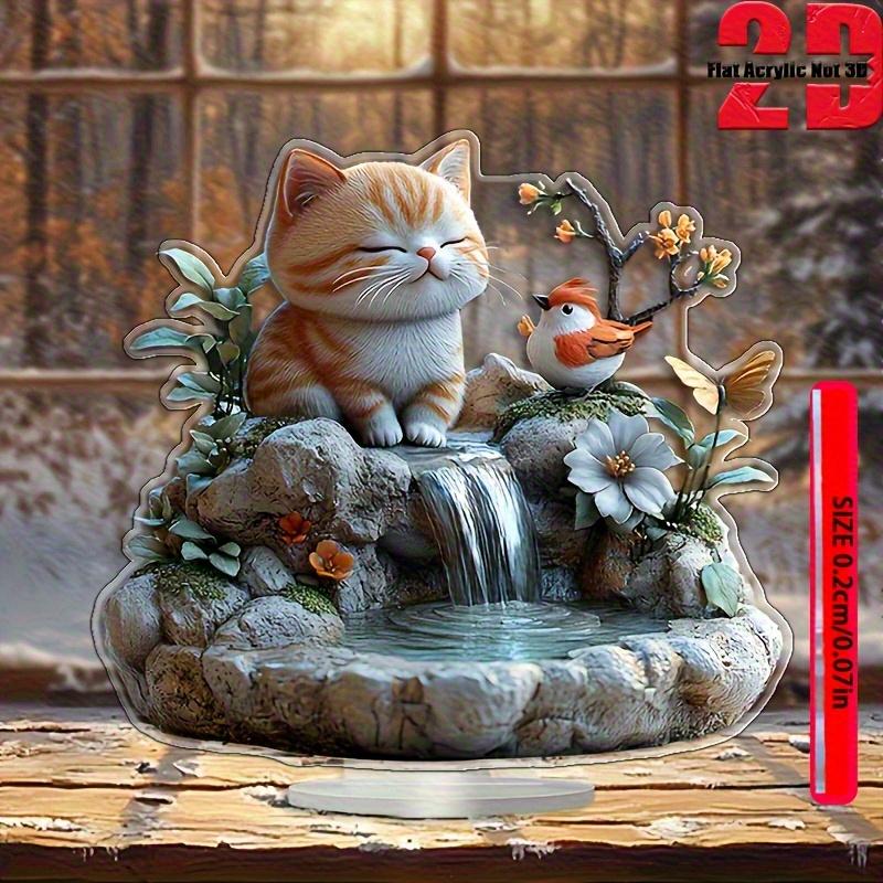 Bohemian-Style Acrylic Cat & Bird Fountain Statue - Humorous Orange Cat & Red-Breasted Bird Design, Serene Waterfall & Floral Accents, Perfect Christ
