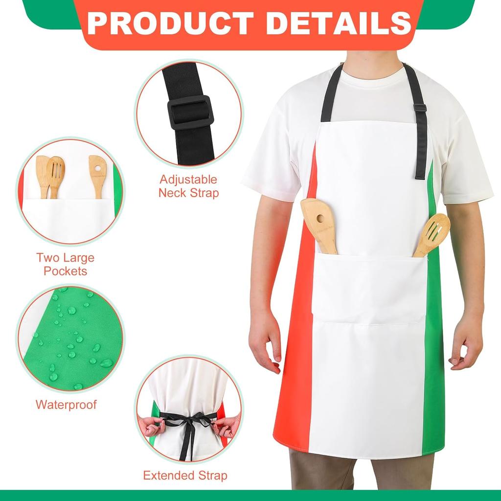 Italian Flag Apron and Chef Hat Set, Waterproof Cooking Apron for Women and Men, Pizza Chef Costume with 2 Pockets for Baking, Kitchen and Italian