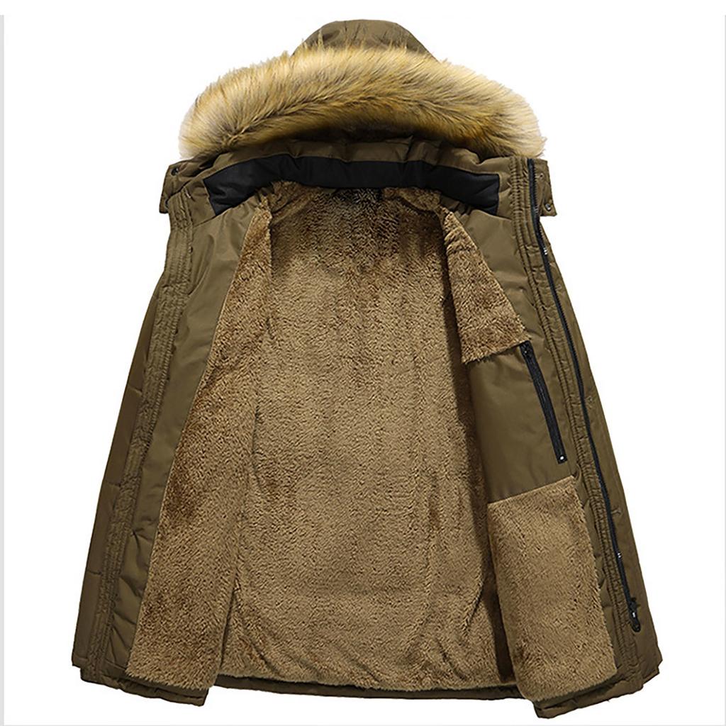 Men's  Winter Zipper Warm Down Jacket Hooded Plush Solid Color  Cotton Coat