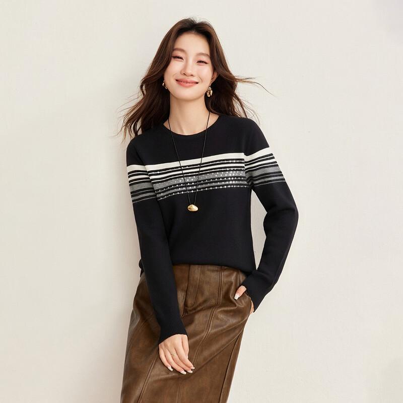 Maglione a righe con paillettes e scollo rotondo 100% lana Shexi