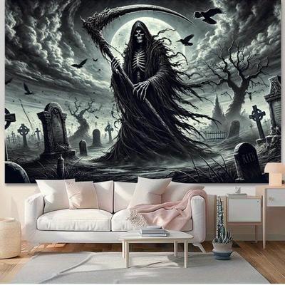 Grim Reaper Spooky Cemetery Scene Wall Hanging Tapestry Versatile Backdrop For Home Bedroom Indoor/Outdoor Decoration
