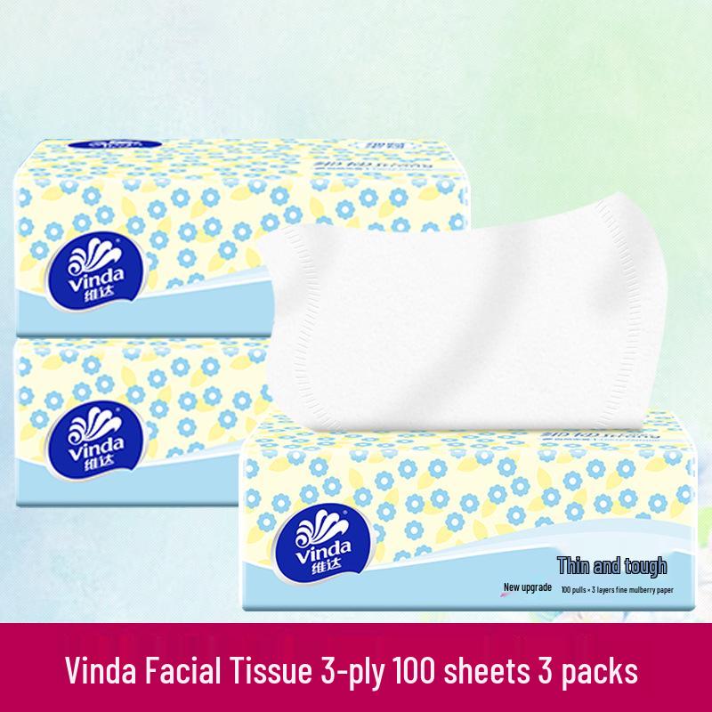 Mouchoirs Faciaux Vinda 3 Plis - 8 Paquets, 100 Essuie-tout Chacun, Abordables pour un Usage Domestique