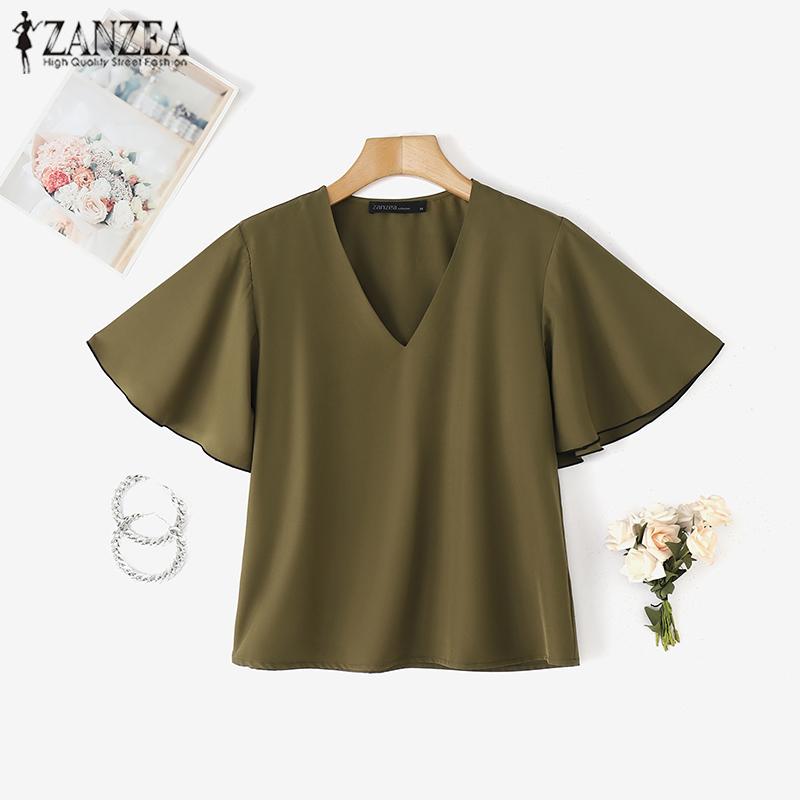 ZANZEA Dámská ležérní halenka s V-výstřihem, volná, s krátkým rukávem a volánky