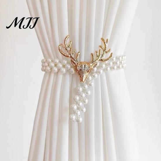 Curtain Tiebacks for Gauze Curtains Deer Head Tieback, Faux Pearl Beaded Stretch Holder, Rental Friendly Holders Adjustable Holdback Bedroom