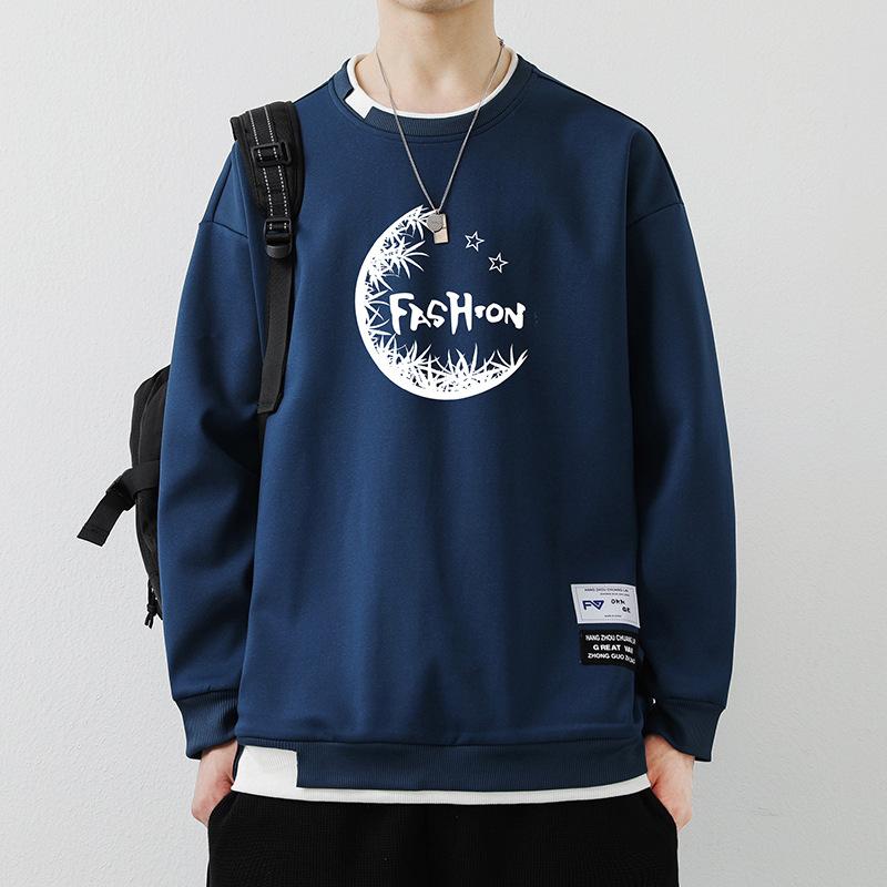 Spring New Men's Pullover Round Neck Printed Contrast Long-Sleeved Fake Two-Piece Sweaters