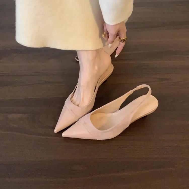 

Fashion Fashion Pointed Toe Leather Faux Suede Splicing Women Pumps Elegant Slingback Buckle Strap Kitten Heel Mules Sandals for Women 35 розовый