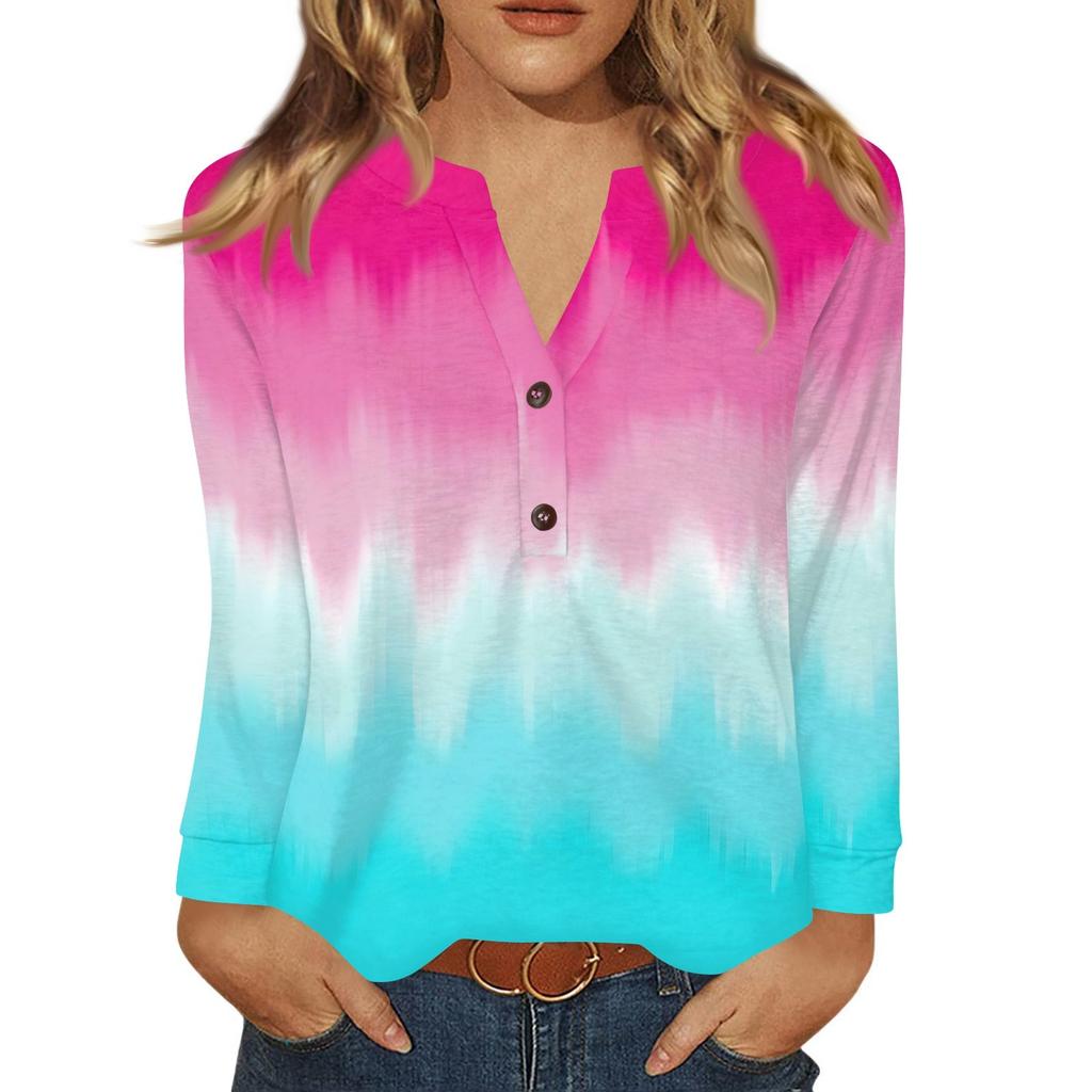 Damen T-Shirt Print Knopf Langarm Täglich Wochenende Mode Basic V-Ausschnitt Regulär Oberteil