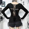 Goth Dark Sexy Lace Patchwork Cross Long Sleeve Pulloves T-shirts Y2K Women Streetwear Mall Gothic Slim Tops T-shirt