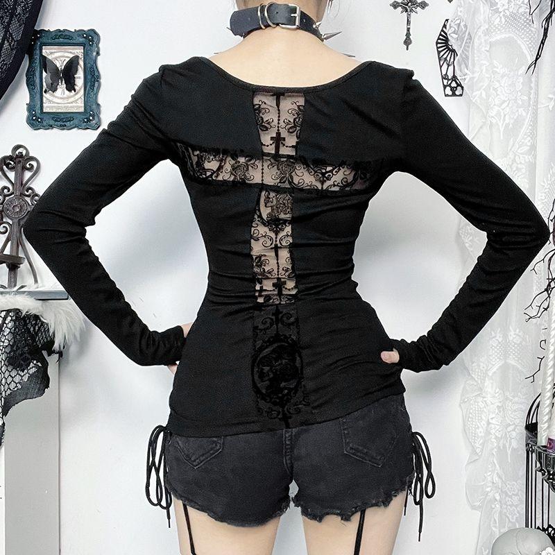Goth Dark Sexy Lace Patchwork Cross Long Sleeve Pulloves T-shirts Y2K Women Streetwear Mall Gothic Slim Tops T-shirt