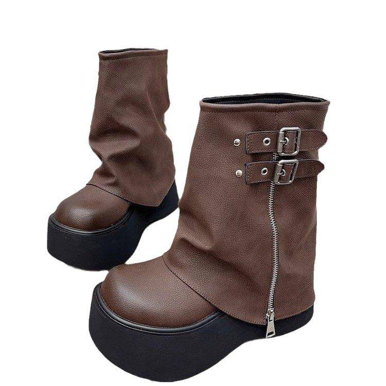 2025 Small Thick-soled Trouser Boots Women's Niche Design Side Zipper Cowhide Version Martin Boots Retro Height-increasing Short Boots