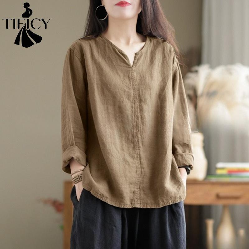 TIFICY Damenmode, lässig, Frühling und Herbst, einfarbig, langärmelig, V-Ausschnitt, Blusen und Hemden