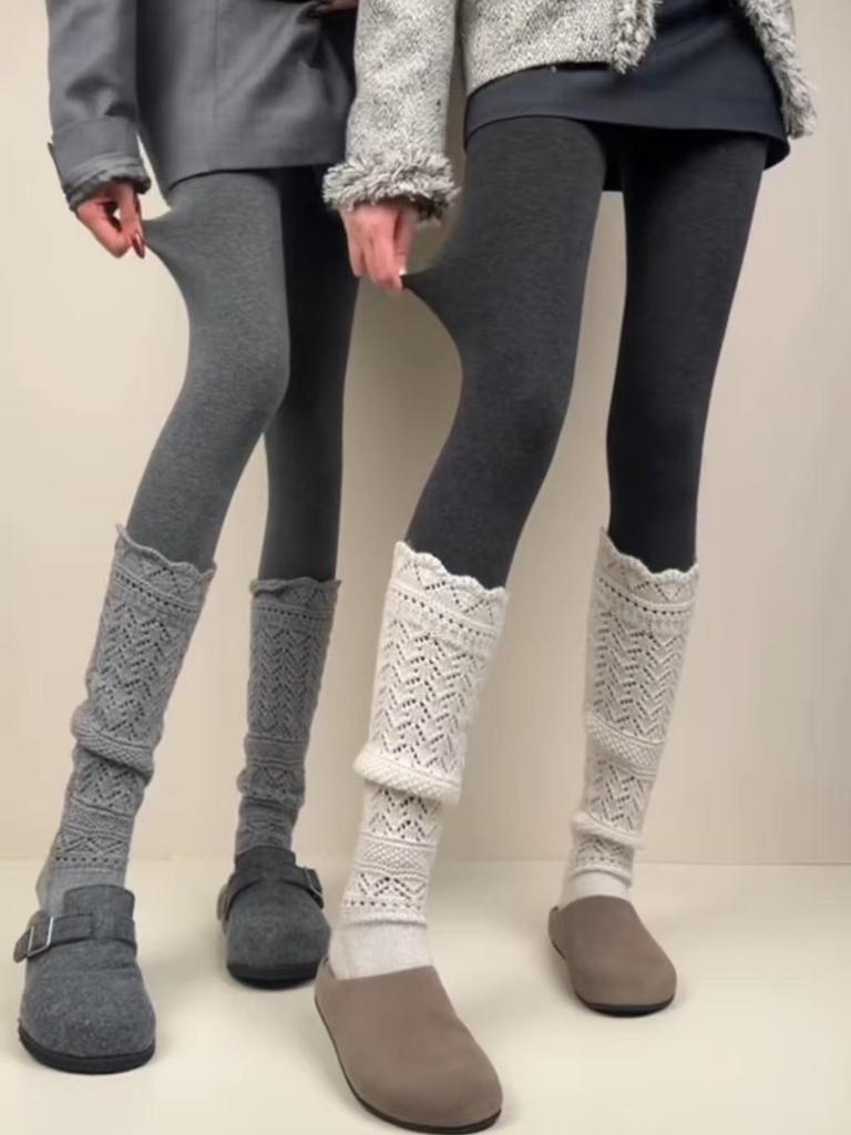 Women's Thickened Dark Gray Leggings, Plus Velvet, Extra Warm, Autumn/Winter Outerwear with Lambswool