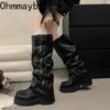 Winter Punk Style Belt Buckle Women Pipe High Boots Fashion Platform Heels Shoes Female Concise Height Increase Long Booties