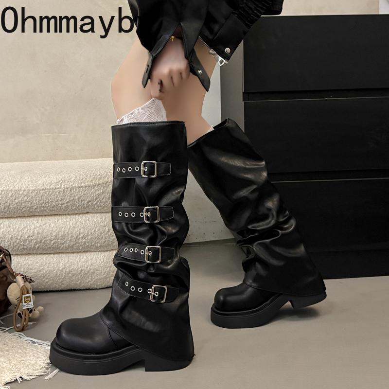 Winter Punk Style Belt Buckle Women Pipe High Boots Fashion Platform Heels Shoes Female Concise Height Increase Long Booties