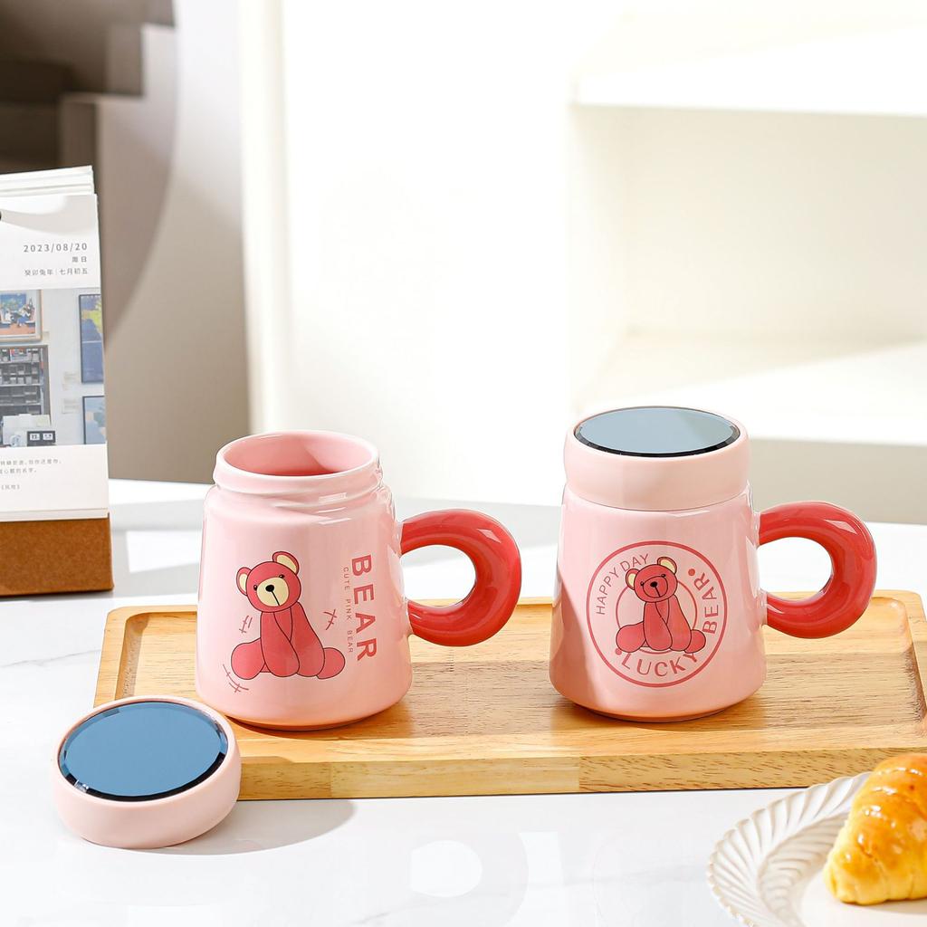 Roztomilý kreslený keramický šálek Růžový medvěd Zrcadlový šálek Hrnek pro pár Domů Víčko šálek na vodu Reklama Dárkový šálek