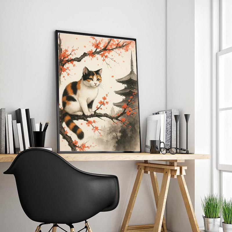Black Cat Reading in Cozy Bed Orange Cat Cherry Blossom Lotus Landscape Canvas Painting Print Wall Art Picture Room Home Decor
