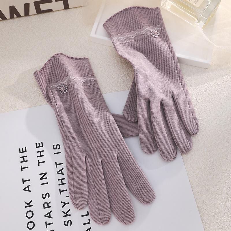 Warm Gloves Single Layer Women's Elegant Lace Houndstooth Outdoor Riding Cold Proof and Wind Proof Touch Screen Autumn and Winter Gloves