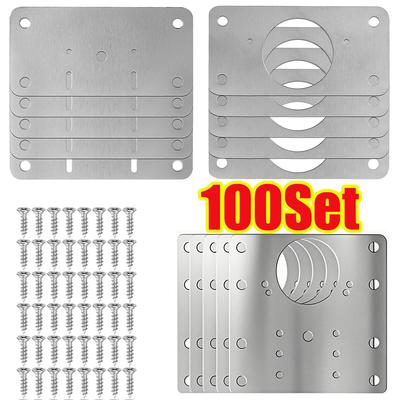 2-100Set Cabinet Hinge Repair Plate Kits Stainless Steel Door Hinge Mounting Plate with Holes Flat Fixing Brace Brackets Tools