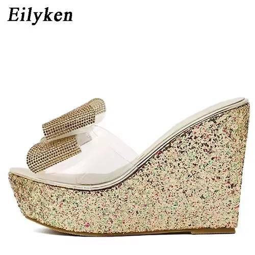 

Fashion Eilyken PVC Transparent Slippers Women Summer Toe Platform Bow Crystal Slide Wedge Sandals Size 34-40 40 золотой