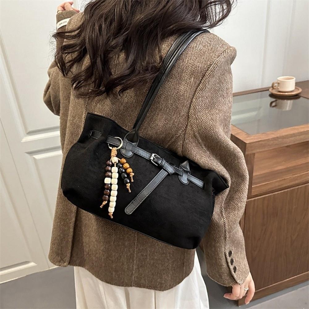 Stylish Vintage Shoulder Bag Large Capacity Imitation Suede Underarm Bag Solid Color Pendant Decoration Women's Handbag Women