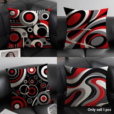 Red Black Gray Geometric Abstract Cushion Cover Durable Hypoallergenic Organic Linen Short Pillow Cover Washable