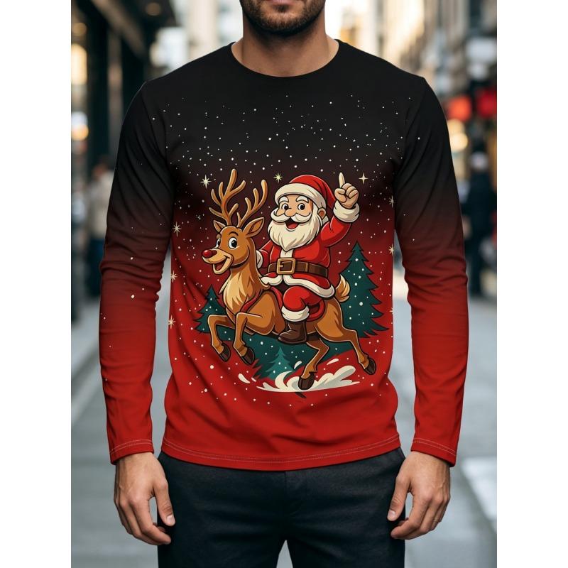 Men's and Unisex Adult Christmas Reindeer and Elk Print Long Sleeve T-Shirt- Arctic Pattern Holiday Sweater Style Top with Elk and Sleigh Design