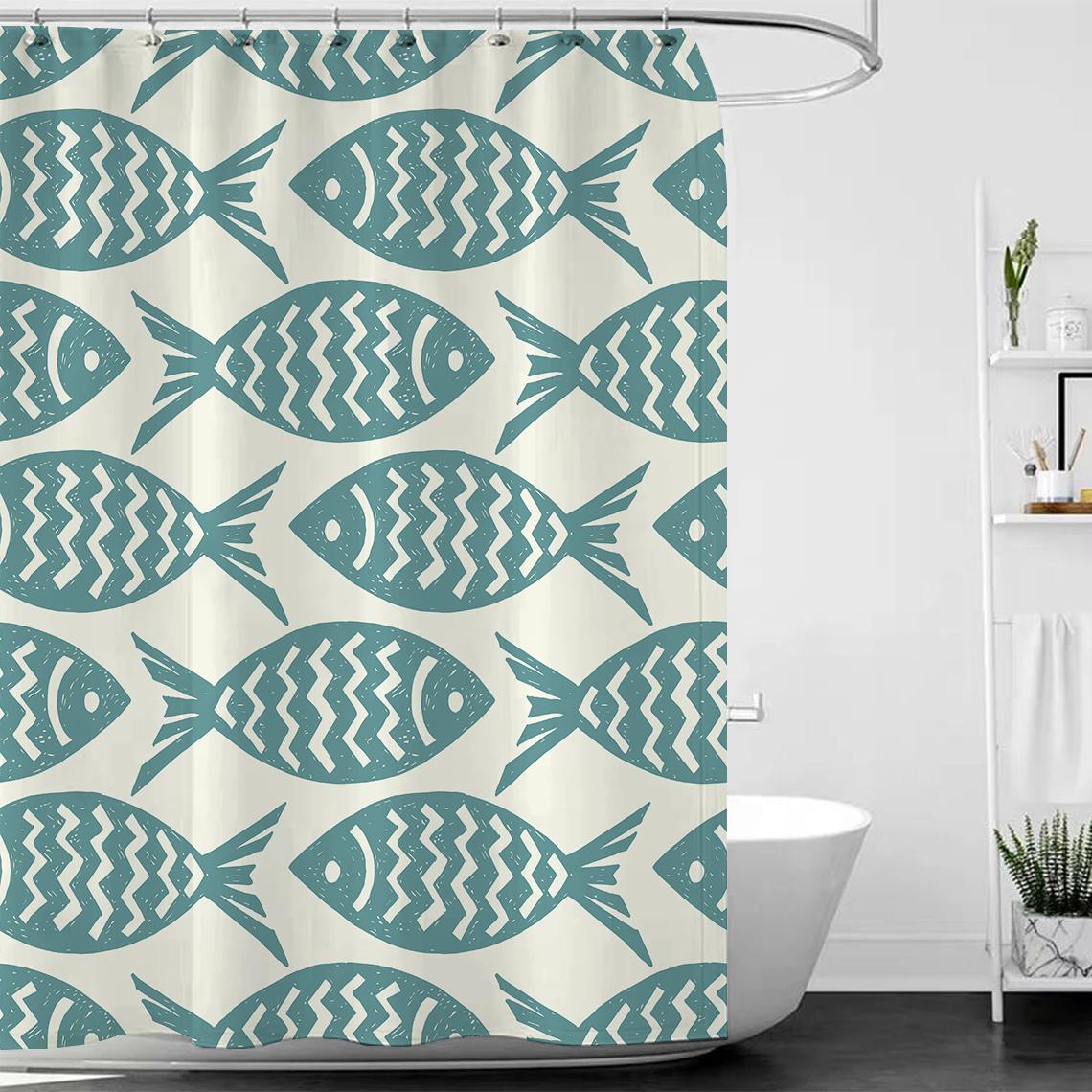 

Синяя Рыба Занавеска для Душа Простая Абстрактная Рыба Ориентальная Художественная Белый Фон Водонепроницаемая Ткань Декор для Ванной Комнаты Занавеска W90xH180cm