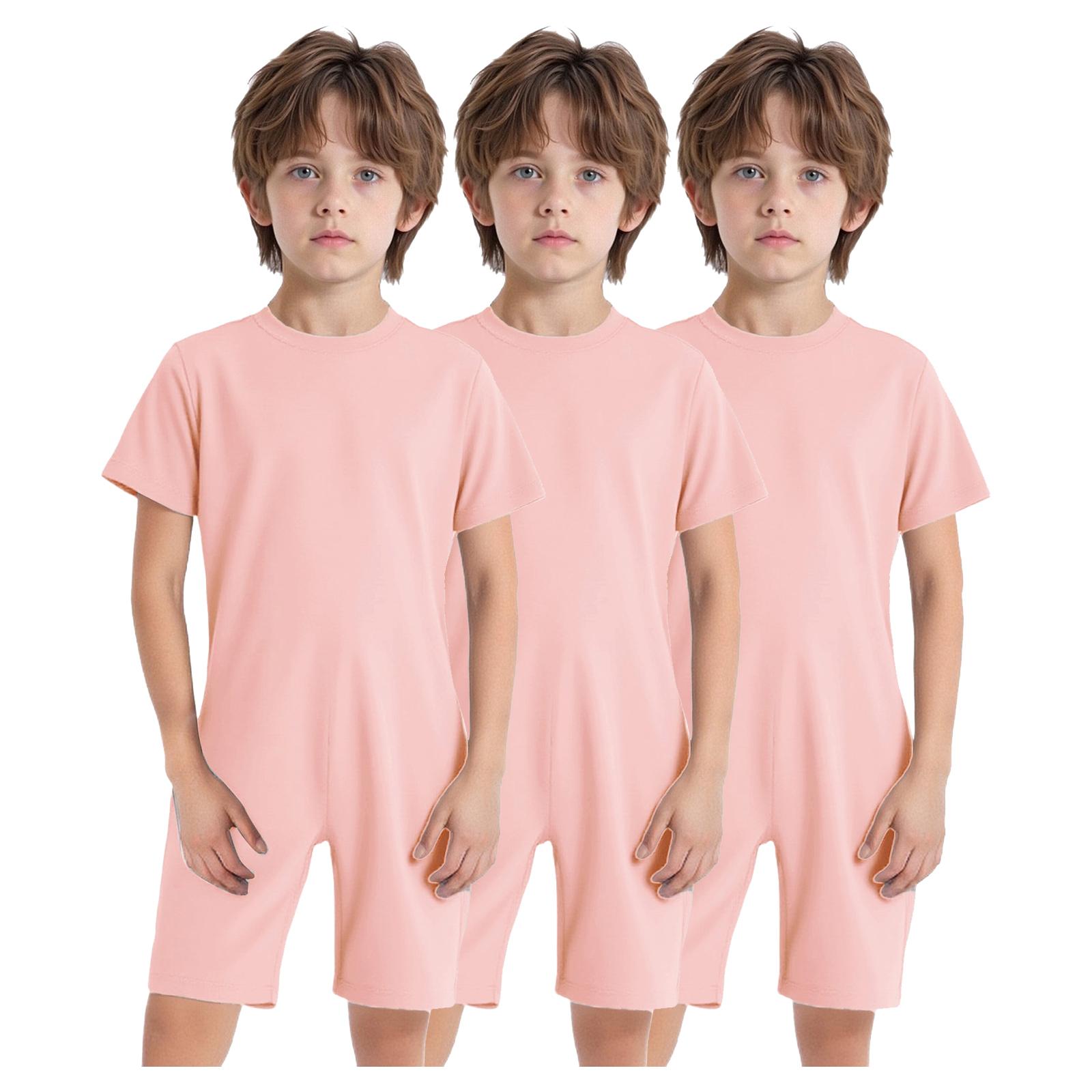 

3Pcs Kids Girls Boys Special Needs Adaptive Clothing Round Neck Short Sleeve Back Invisible Zipper Solid Color Jumpsuit 3-4 Years рожевий