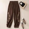 Summer Flower Embroidery Cotton Linen Harem Pants Women Bottoms Casual Vintage Pocket Lantern Ankle-Length Pants