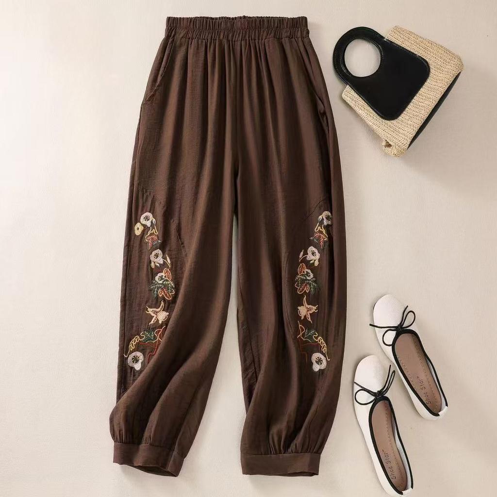 Summer Flower Embroidery Cotton Linen Harem Pants Women Bottoms Casual Vintage Pocket Lantern Ankle-Length Pants
