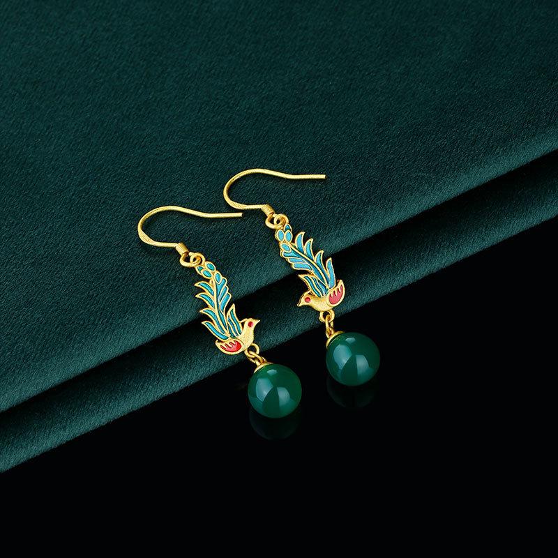 Серьги-гвоздики из стерлингового серебра 925 пробы с эмалью - Китайский стиль, крючки Ципао Ханьфу для женщин Electroplated Gold