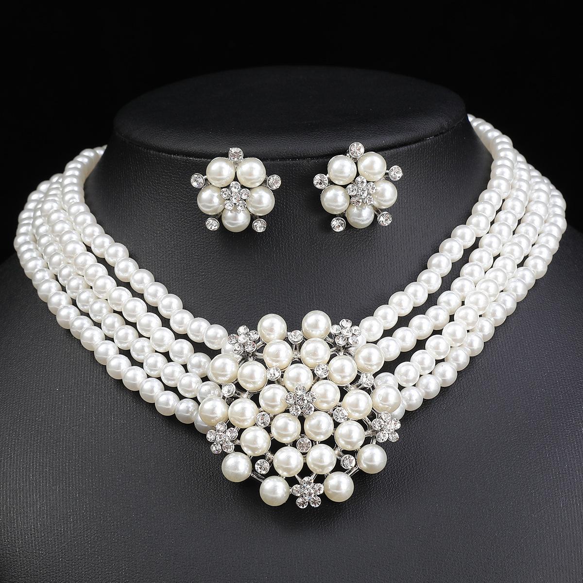 Jewelry Set Women s Multi-row Pearl Necklace Earrings Three-piece Bridal Wedding Dress Accessories Versatile Factory