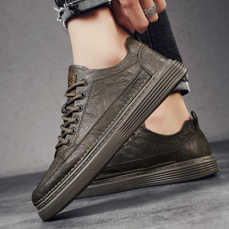 Men'S Leather Casual Sports Shoes Spring Newest Fashion Comfortable Wear-Resistant Shoes Outdoor Solid Color Lightweight Flat Shoes