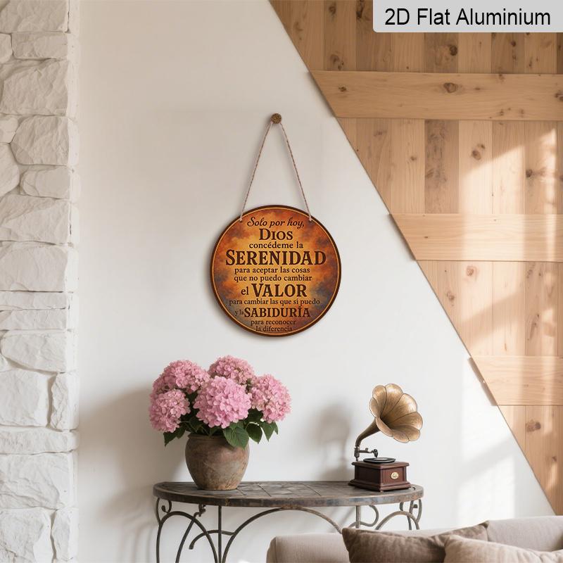 2D Flat, 1pc 7.87X7.87 Inch Round Aluminum Plaque - Spanish Prayer for Peace, Courage & Wisdom Vintage Style Decorative Sign, Suitable for Home