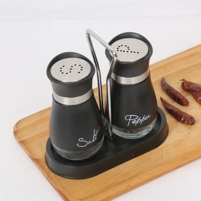 2Pcs/Set Salt & Pepper Kitchen Glass Spice Bottle Refillable Black Condiment Jar with Pour Holes with Rack Spice Dispenser