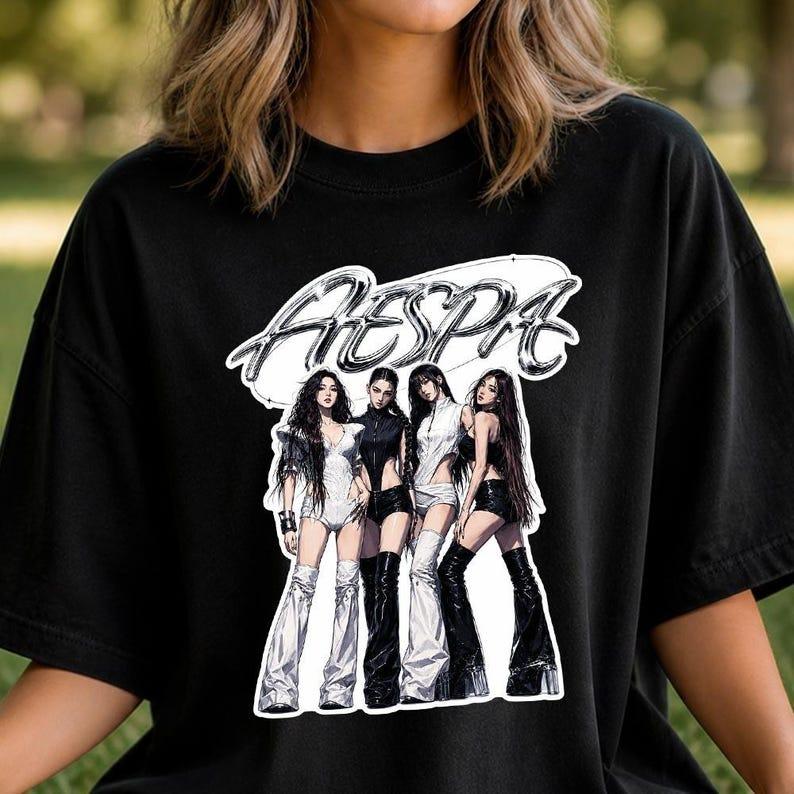 Aespa Illustration Shirt Kpop Girl Graphic Tee Art Idol Fan Gift Concert Outfit Top Breathable Material No Stuffiness In Hot Summer