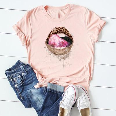 (Asian Size)Women Print Tee Top Short Sleeve Fashion T Shirt Lovely Style Trend Cute Funny Lip Clothing Casual Lady Female Graphic T-shirt