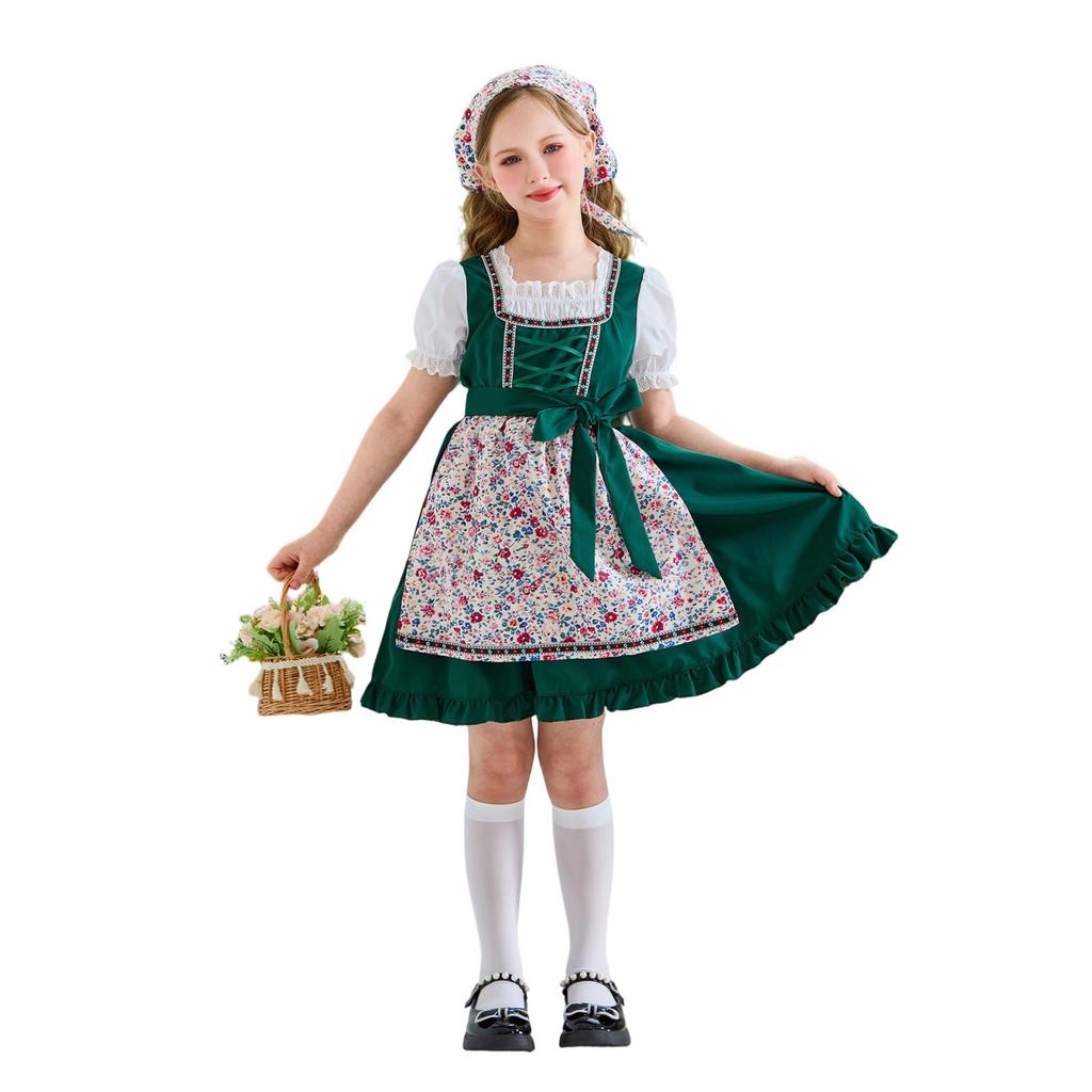 Girls Traditional Dress Oktoberfest Costume Country Style Apron Dress with Headscarf and Puff Sleeve Shirt for Kids