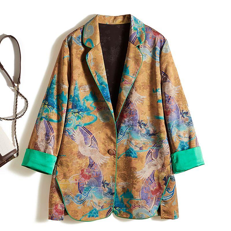 

Landscape Painting Dye! Elegant Women Spring and Autumn Satin Poplin Cotton One Button Mid-Length Print Blazer Outerwear Color 2XL